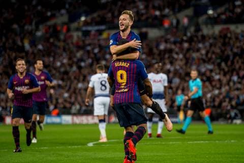 October 3, 2018 - Ivan Rakitic of Barcelona celebrates scoring his goal during the UEFA Champions League Group Stage match between Tottenham Hotspur and Barcelona at Wembley Stadium, London, England on 3 October 2018...Editorial use only, license required for commercial use. No use in betting, games or a single club league player publications. Soccer: Tottenham Hotspur v Barcelona.UEFA Champions League - ZUMAa181 20181003_zaa_a181_177 Copyright: xAFP7x