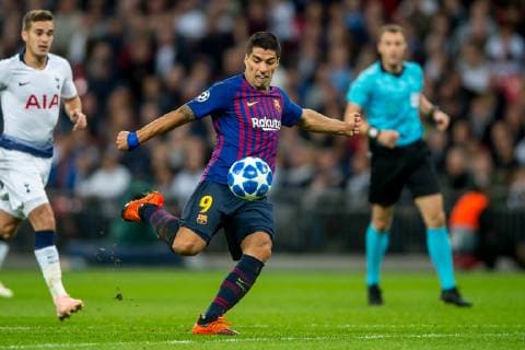 October 3, 2018 - Luis Suarez of Barcelona takes a shot at goal during the UEFA Champions League Group Stage match between Tottenham Hotspur and Barcelona at Wembley Stadium, London, England on 3 October 2018...Editorial use only, license required for commercial use. No use in betting, games or a single club league player publications. Soccer: Tottenham Hotspur v Barcelona.UEFA Champions League - ZUMAa181 20181003_zaa_a181_187 Copyright: xAFP7x