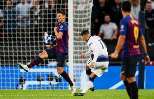 Tottenham s Erik Lamela scores his teams second goal to make it 2-3 during the UEFA Champions League Group B match at Wembley Stadium, London. Picture date: 3rd October 2018. Picture credit should read: David Kein Sportimage EDITORIAL USE ONLY. No use with unauthorised audio, video, data, fixture lists, club league logos or live services. Online in-match use limited to 120 images, no video emulation. No use in betting, games or single club league player publications.