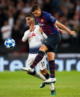 Barcelona s Clement Lenglet challenges Tottenham s Erik Lamela during the UEFA Champions League Group B match at Wembley Stadium, London. Picture date: 3rd October 2018. Picture credit should read: David Kein Sportimage EDITORIAL USE ONLY. No use with unauthorised audio, video, data, fixture lists, club league logos or live services. Online in-match use limited to 120 images, no video emulation. No use in betting, games or single club league player publications.