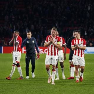 EINDHOVEN, 03-10-2018, Philips Stadium , Season 2018 2019, Champions League football. PSV - Inter . Stadium overview before the game PSV - Inter. PSV forwarder Luuk de Jong (C) and PSV defender Nick Viergever (R) dejected after the game PSV - Inter (1-2) . PSV - Inter Milan  x2518728x
