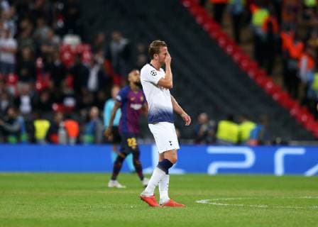 3rd October 2018, Wembley Stadium, London England; UEFA Champions League football, Tottenham Hotspur versus Barcelona; Harry Kane of Tottenham Hotspur reacts disappointingly after Lionel Messi of Barcelona scores his sides 4th goal in the 90th minute to make it 2-4  ActionPlus12067684 JohnxPatrickxFletcher