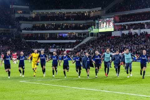 EINDHOVEN, Netherlands, 03-10-2018, football, Philips stadium, Champions league, season 2018 2019, players of Inter Milan celebrating the win with the supporters , during the match PSV - Inter Milan, Final score : 1-2 PSV - Inter Milan  x2518738x