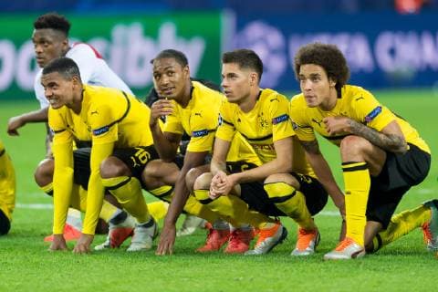 Dortmund Germany 03 10 2018 UEFA Champions League 2018 19 Season Preliminary Round Group Stage Group A 2 Matchday BV Borussia Dortmund AS Monaco Manuel Akanji BVB Abdou Diallo BVB Julian Weigl BVB and Axel Witsel BVB final cheering DeFodi053