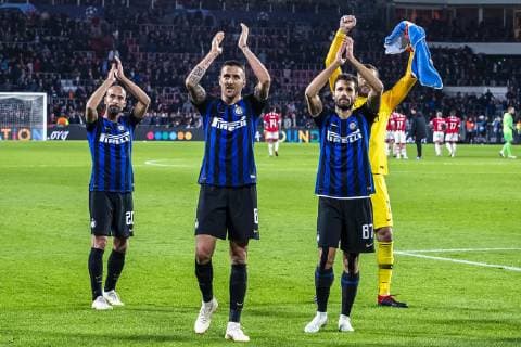 EINDHOVEN, Netherlands, 03-10-2018, football, Philips stadium, Champions league, season 2018 2019, players of Inter Milan celebrating the win with the supporters , during the match PSV - Inter Milan, Final score : 1-2 PSV - Inter Milan  x2518741x