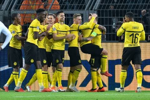 GER UEFA CL Borussia Dortmund vs AS Monaco 03 10 2018 Signal Iduna Park Dortmund GER UEFA CL Borussia Dortmund vs AS Monaco DFL regulations prohibit any use of images as picture sequences and or quasi video in the picture the team of Dortmund cheers Joy Emotion Torjubel Goalkeeper to 3 0 Marco Reus 11 Borussia Dortmund nph Mauelshagen nph00321
