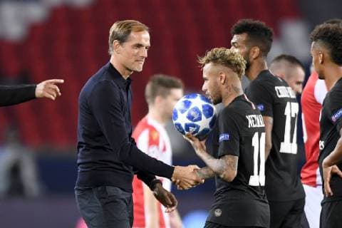 THOMAS TUCHEL (ENTRAINEUR PSG) - 10 NEYMAR JR (PSG) - JOIE FOOTBALL : Paris SG vs Etoile Rouge de Belgrade- Ligue des Champions - 03 10 2018 AnthonyBIBARD FEP Panoramic 