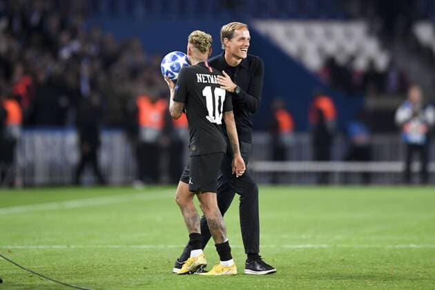 THOMAS TUCHEL (ENTRAINEUR PSG) - 10 NEYMAR JR (PSG) - JOIE FOOTBALL : Paris SG vs Etoile Rouge de Belgrade- Ligue des Champions - 03 10 2018 AnthonyBIBARD FEP Panoramic 