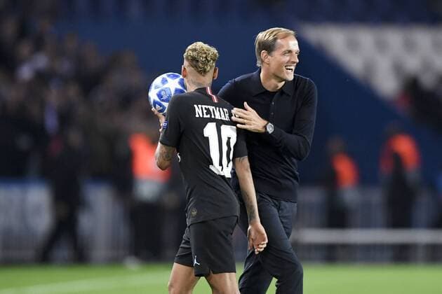 THOMAS TUCHEL (ENTRAINEUR PSG) - 10 NEYMAR JR (PSG) - JOIE FOOTBALL : Paris SG vs Etoile Rouge de Belgrade- Ligue des Champions - 03 10 2018 AnthonyBIBARD FEP Panoramic 