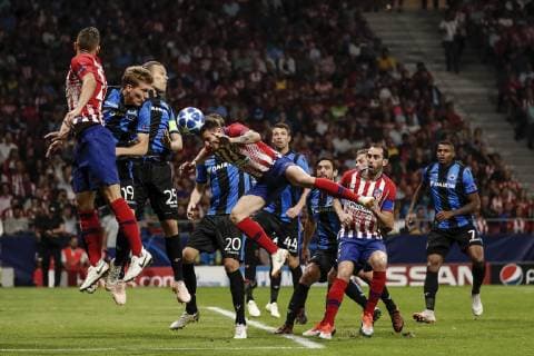 3rd October 2018, Wanda Metropolitano, Madrid, Spain; UEFA Champions League football, Atletico Madrid versus Club Brugge; Saul Niguez (Atletico de Madrid) fights for the header  ActionPlus12067742 ShotxforxPress