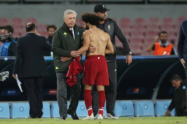3rd October 2018, Stadio San Paolo, Naples, Italy; UEFA Champions League football, Napoli versus Liverpool; Mohamed Salah of Liverpool gives away his shirt to coach Carlo Ancelotti of Napoli after the match  ActionPlus12067783 GiampieroxSposito