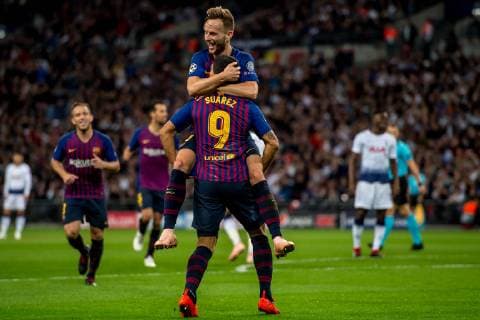 Sport Themen der Woche KW 40 Sport Bilder des Tages Ivan Rakitic of Barcelona celebrates scoring his goal with Luis Suarez of Barcelona during the UEFA Champions League Group Stage match between Tottenham Hotspur and Barcelona at Wembley Stadium, London, England on 3 October 2018. Editorial use only, license required for commercial use. No use in betting, games or a single club league player publications. Copyright: xSalvioxCalabresex 21440033