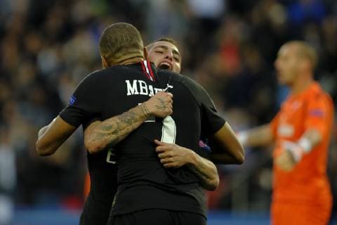 October 3, 2018 - Paris, Ile de France, France - Joy of Paris SG team, after the fifth goal of KYLIAN MBAPPE during the Group stage matchday 2 of the Champions League Paris SG against Red Star of Belgrade at the Parc des Princes Stadium in Paris - France...Paris SG won 6-1 Soccer 2018 : Paris SG 6-1 Red Star of Belgrade - ZUMAp119 20181003_zaf_p119_013 Copyright: xPierrexSteveninx
