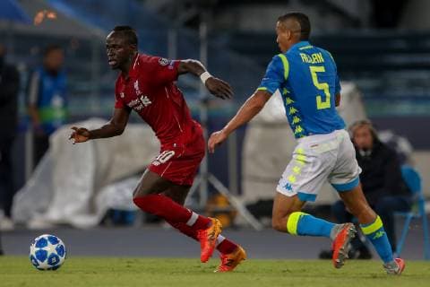 3rd October 2018, Stadio San Paolo, Naples, Italy; UEFA Champions League football, Napoli versus Liverpool; Sadio Mane of Liverpool breaks away from Allan of Napoli  ActionPlus12067807 GiampieroxSposito