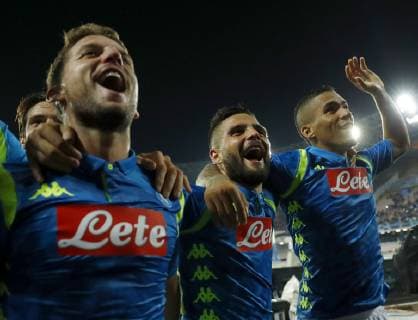 October 3, 2018 - Naples, Italy - SSC Napoli v FC Liverpool - UEFA Champions League Group C.Dries Mertens, Lorenzo Insigne and Allan Loudeiro of Napoli celebrate at San Paolo Stadium in Naples, Italy on October 3, 2018. SSC Napoli v Liverpool - UEFA Champions League Group C  - ZUMAn230 20181003_zaa_n230_375 Copyright: xMatteoxCiambellix