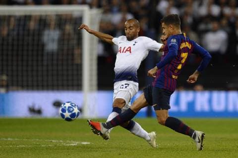Lucas of Tottenham and Coutinho of Barcelona for the ball during the Group B match of the UEFA Champions League between Tottenham Hotspurs and FC Barcelona at Wembley Stadium on October 03 2018 in London England  xJosexBretonx xTottenhamxvxFCxBarcelonax-xChampionsxLeaguex