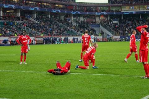 October 3, 2018 - Moscow, Russia - Lokomotiv s players delusion after Schalke take the lead during the Group D match of the UEFA Champions League between FC Lokomotiv Moscow and FC Schalke 04 at Lokomotiv Stadium on October 3, 2018 in Moscow, Russia. FC Lokomotiv Moscow v FC Schalke 04 - UEFA Champions League Group D  - ZUMAn230 20181003_zaa_n230_488 Copyright: xAlexxCavendishx