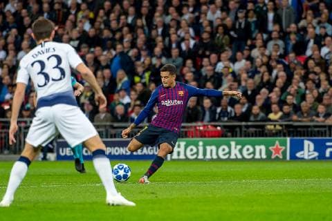 October 3, 2018 - Philippe Coutinho of Barcelona scores his goal during the UEFA Champions League Group Stage match between Tottenham Hotspur and Barcelona at Wembley Stadium, London, England on 3 October 2018. Soccer: Tottenham Hotspur v Barcelona.UEFA Champions League - ZUMAa181 20181003_zaa_a181_253 Copyright: xAFP7x