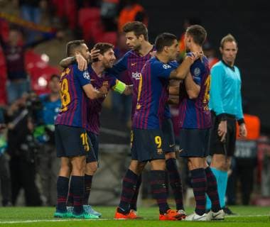 Barcelona players celebrating Messi goal during the UEFA Champions League group match between Tottenham Hotspur and Barcelona at Wembley Stadium, London, England on 3 October 2018. Copyright: xAndrewxAleksiejczukx PMI-2290-0059