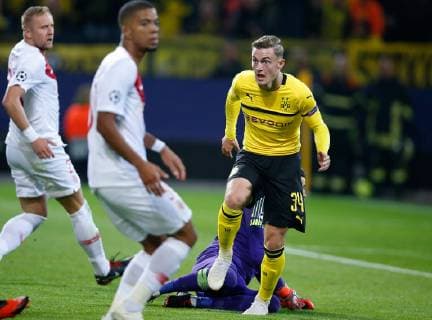 Dortmund Germany UEFA Champions League Matchday 2 Matchday 2 Borussia Dortmund AS Monaco 3 0 at the Signal Iduna Park in Dortmund on 03 10 2018 Jacob BRUUN LARSEN BVB re is pleased with his goal at the 1 0