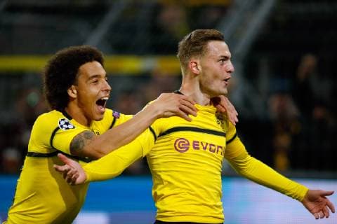 Dortmund Germany UEFA Champions League Matchday 2 Matchday 2 Borussia Dortmund AS Monaco 3 0 at Signal Iduna Park in Dortmund on 03 10 2018 Jacob BRUUN LARSEN BVB re is pleased with his goal for 1 0 with Axel WITSEL BVB li