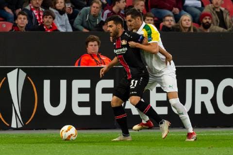 Leverkusen Germany 04 10 2018 UEFA Europa League 2018 19 Season Preliminary Group Stage Group A 2 Gameday Bayer 04 Leverkusen AEK Larnaka Kevin Volland B04 and Daniel Mojsov AEK Larnaka defeated DeFodi001