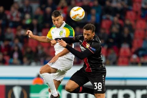 Leverkusen Germany 04 10 2018 UEFA Europa League 2018 19 Season Preliminary Group Stage Group A 2 Gameday Bayer 04 Leverkusen AEK Larnaka Guillem Truyols AEK Larnaka and Karim Bellarabi B04 in DeFodi001
