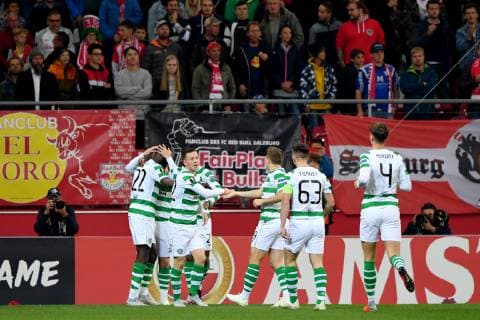 SOCCER - UEFA EL, RBS vs Celtic SALZBURG,AUSTRIA,04.OCT.18 - SOCCER - UEFA Europa League, group stage, Red Bull Salzburg vs Celtic FC Glasgow. Image shows the rejoicing of Celtic. GEPAxpictures xFlorianxErtl