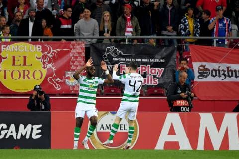 SOCCER - UEFA EL, RBS vs Celtic SALZBURG,AUSTRIA,04.OCT.18 - SOCCER - UEFA Europa League, group stage, Red Bull Salzburg vs Celtic FC Glasgow. Image shows the rejoicing of Odsonne Edouard and Callum McGregor (Celtic). GEPAxpictures xFlorianxErtl