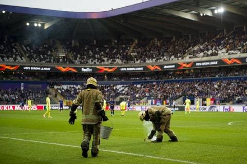 Illustration picture shows firefighters on the pitch during a game of Belgian soccer team RSC Anderlecht against Croatian team Dinamo Zagreb in Anderlecht, Thursday 04 October 2018, on day two of the Europa League group stage, in group D. JASPERxJACOBS  x05440564x