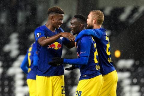 181004 Nordi Mukiele Jean Kevin Augustin and Konrad Laimer or RB Leipzigcelebrates the 0 1 goal during the European League match between Rosenborg and RB Leipzig on October 4, 2018 in Trondheim Photo Jon Olav Nesvold BILDBYRAN Code JE 160318  Copyright: JONxOLAVxNESVOLD BB181004JE015