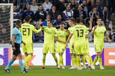 Dinamo Zagreb s players celebrate after scoring during a game of Belgian soccer team RSC Anderlecht against Croatian team Dinamo Zagreb in Anderlecht, Thursday 04 October 2018, on day two of the Europa League group stage, in group D. JASPERxJACOBS  x05440567x