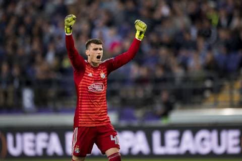 Dinamo Zagreb s goalkeeper Dominik Livakovic celebrates during a game of Belgian soccer team RSC Anderlecht against Croatian team Dinamo Zagreb in Anderlecht, Thursday 04 October 2018, on day two of the Europa League group stage, in group D. JASPERxJACOBS  x05440573x