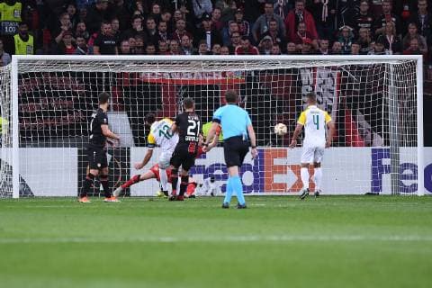 Soccer Europa League Group Stage 2 Gameday Bayer 04 Leverkusen AEK Larnaka at 04 10 2018 at the BayArena in Leverkusen Goal to 0 1 by Ivan Trickovski Larnaka DFL DFB regulations prohibit any use of images as image sequences or quasi video xRx