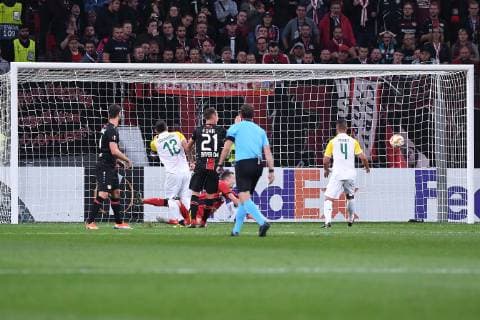 Soccer Europa League Group Stage 2 Gameday Bayer 04 Leverkusen AEK Larnaka at 04 10 2018 at the BayArena in Leverkusen Goal to 0 1 by Ivan Trickovski Larnaka DFL DFB regulations prohibit any use of images as image sequences or quasi video xRx