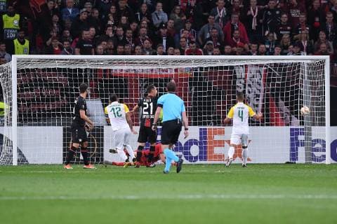 Soccer Europa League Group Stage 2 Gameday Bayer 04 Leverkusen AEK Larnaka at 04 10 2018 at the BayArena in Leverkusen Goal to 0 1 by Ivan Trickovski Larnaka DFL DFB regulations prohibit any use of images as image sequences or quasi video xRx