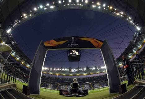 04 10 2018 xjhx Football UEFA Europa League Eintracht Frankfurt Lazio Rome Europe League Logo Stadium View Interior Lawn Video Cube DFL DFB REGULATIONS PROHIBIT ANY USE OF PHOTOGRAPH as IMAGE SEQUENCES and or QUASI VIDEO Frankfurt am Main