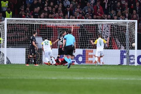Soccer Europa League Group Stage 2 Gameday Bayer 04 Leverkusen AEK Larnaka at 04 10 2018 at the BayArena in Leverkusen Goal to 0 1 by Ivan Trickovski Larnaka DFL DFB regulations prohibit any use of images as image sequences or quasi video xRx
