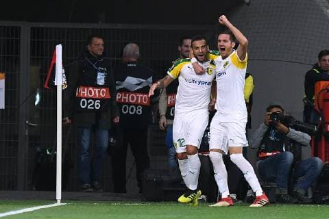 Soccer Europa League Group Stage 2 Gameday Bayer 04 Leverkusen AEK Larnaka on 04 10 2018 in the BayArena in Leverkusen Goal scored for the 0-1 by Ivan Trickovski Larnaka DFL DFB regulations prohibit any use of photographs or video sequences xRx
