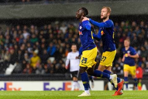 181004 Jean Kevin Augustin and Konrad Laimer of RB Leipzigcelebrates after 0 1 during the Europe League match between Rosenborg and RB Leipzig on October 4, 2018 in Trondheim Photo Jon Olav Nesvold BILDBYR N Code JE 160318  Copyright: JONxOLAVxNESVOLD BB181004JE022
