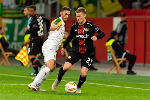 Leverkusen Germany 04 10 2018 UEFA Europa League 2018 19 Season Preliminary Round Group Stage Group A 2 Gameday Bayer 04 Leverkusen AEK Larnaka Apostolos Giannou AEK Larnaka and Mitchell Weiser B04 in the battle DeFodi001