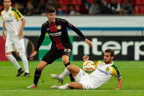 Leverkusen Germany 04 10 2018 UEFA Europa League 2018 19 Season Preliminary Round Group Stage Group A 2 Gameday Bayer Leverkusen AEK Larnaka Kai Havertz B04 and Ivan Trickovski AEK Larnaka in DeFodi001