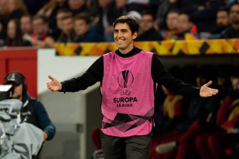 Leverkusen Germany 04 10 2018 UEFA Europa League 2018 19 Season Preliminary Round Group Stage Group A 2 Gameday Bayer 04 Leverkusen AEK Larnaka Coach Andoni Iraola AEK Larnaka gestures for DeFodi001