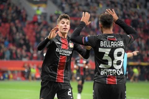 Football UEFA Europa League Season 2018 2019 Preliminary Round Match 2 Bayer 04 Leverkusen AEK Larnaka 04 010 2018 Bayarena Leverkusen Kai Havertz Karim Bellrabi both Bayer 04 Leverkusen goal celebrations