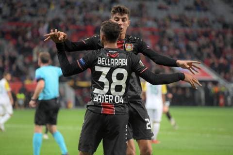 Football UEFA Europa League Season 2018 2019 Preliminary Round Match 2 Bayer 04 Leverkusen AEK Larnaka 04 010 2018 Bayarena Leverkusen Kai Havertz Karim Bellrabi both Bayer 04 Leverkusen goal celebrations