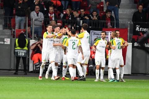 Soccer UEFA Europa League Season 2018 2019 Preliminary Round Game 2 Bayer 04 Leverkusen AEK Larnaka 04 010 2018 Bayarena Leverkusen AEK Larneka cheering