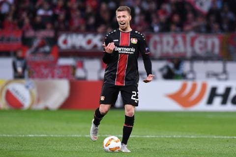 Soccer Europa League Group Stage 2 Gameday Bayer 04 Leverkusen AEK Larnaca at 04 10 2018 at the BayArena in Leverkusen Mitchell Weiser Leverkusen DFL No restrictions on the use of images xRx