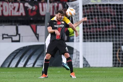 Soccer Europa League Group Stage 2 Gameday Bayer 04 Leverkusen AEK Larnaka at 04 10 2018 at the BayArena in Leverkusen Aleksandar Dragovic Leverkusen front Joan Tomas Larnaka at the back DFL DFB regulations prohibit any use of images as image sequences or quasi video xRx