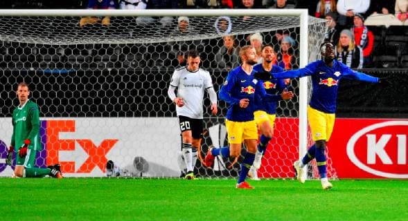 Fotball Menn UEFA Europa League Rosenborg - RB Leipzig Lerkendal Stadium, Trondheim, Norway 4 oktober 2018 Jean-Kevin Augustin (H) har scoret 0-1 for RB Leipzig Foto : Arve Johnsen, Digitalsport 