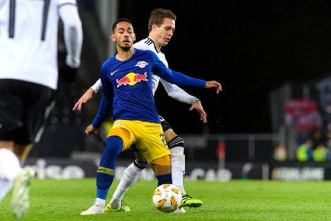 181004 Matheus Cunha or RB Leipzig and Anders Konradsen of Rosenborg during the Europa League match between Rosenborg and RB Leipzig on October 4, 2018 in Trondheim Photo Jon Olav Nesvold BILDBYRAN Code JE 160318  Copyright: JONxOLAVxNESVOLD BB181004JE028